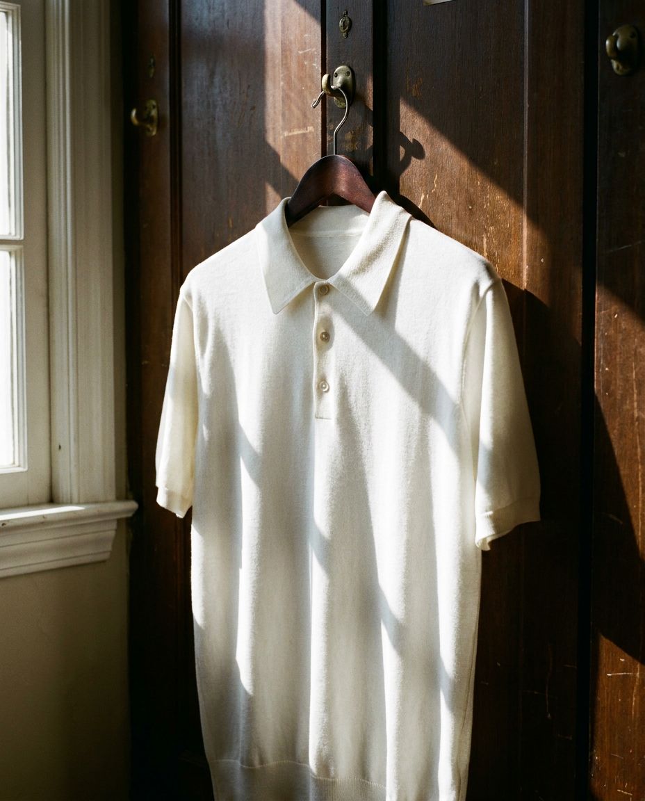 White wool polo on a wooden hanger in a clubhouse locker room
