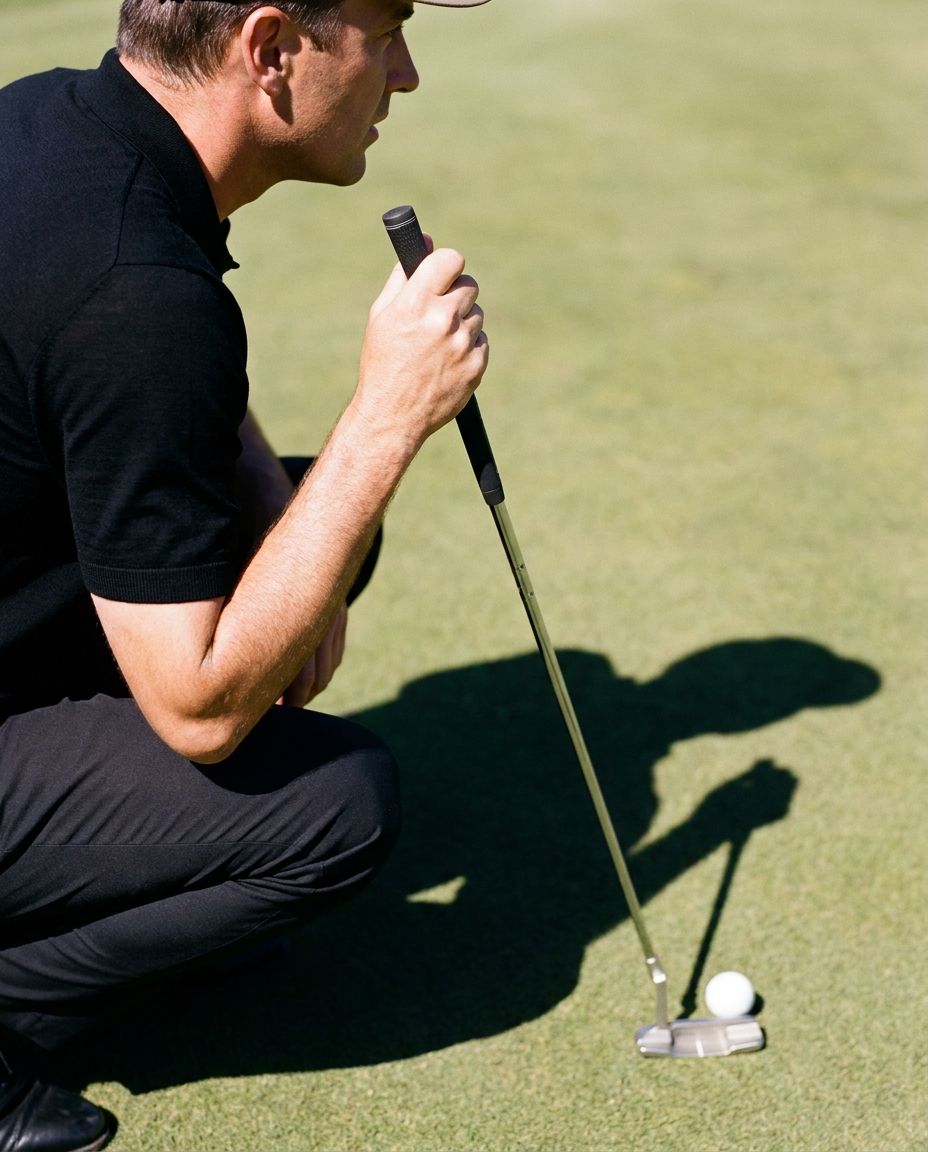 Golfer in a black wool polo reading a putt