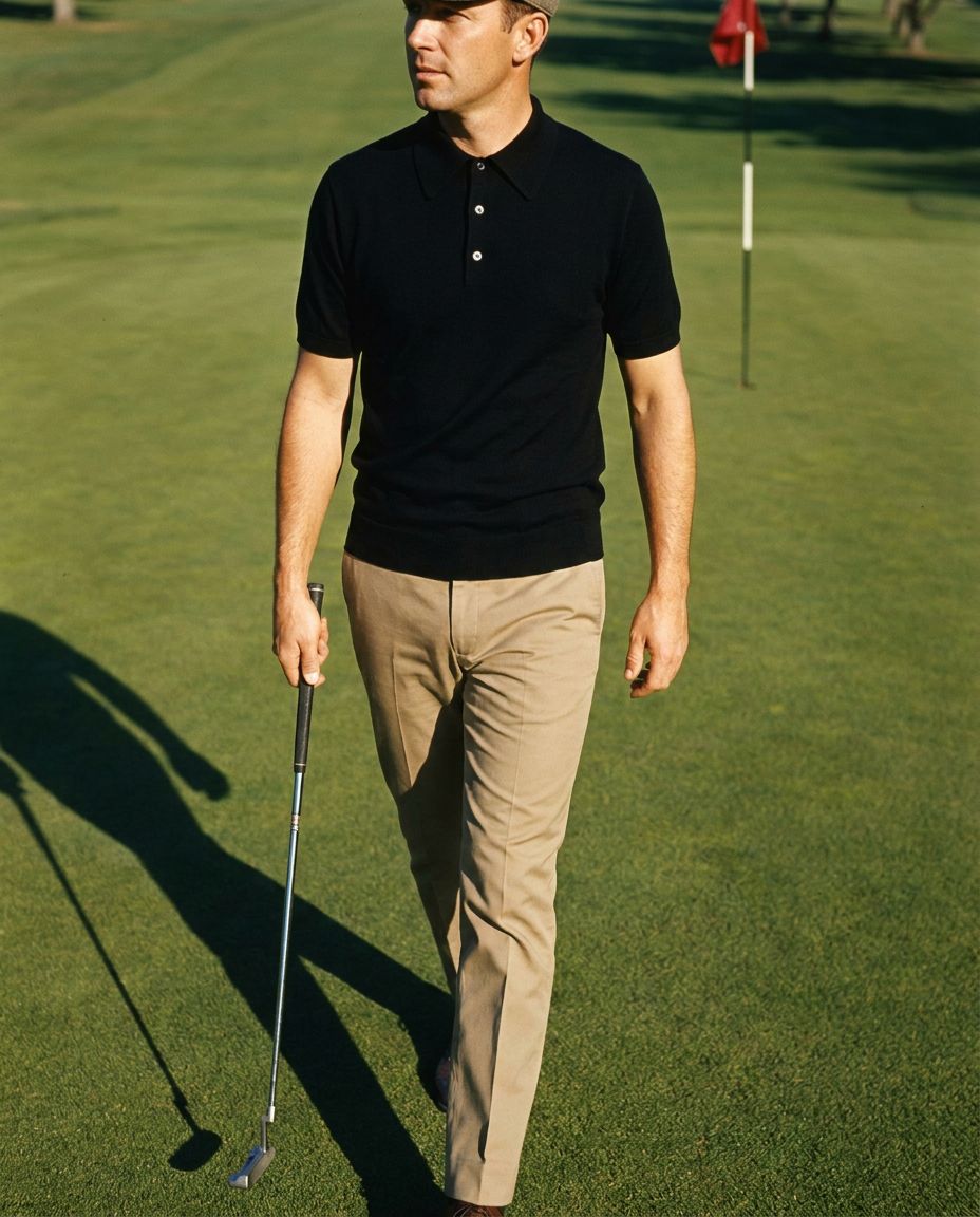 Golfer in a black wool polo walking onto the green